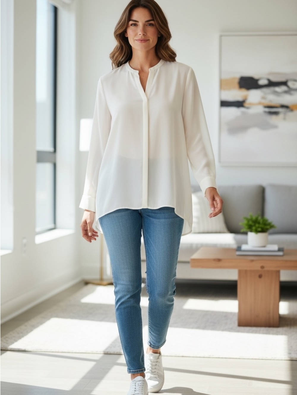 J. Jill Ivory Split-Neck Long-Sleeve Tunic Blouse